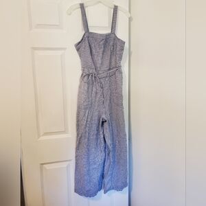 Blue/White Old Navy Jumpsuit Side Pockets Stretchy Tie Waist Overalls Tank Linen